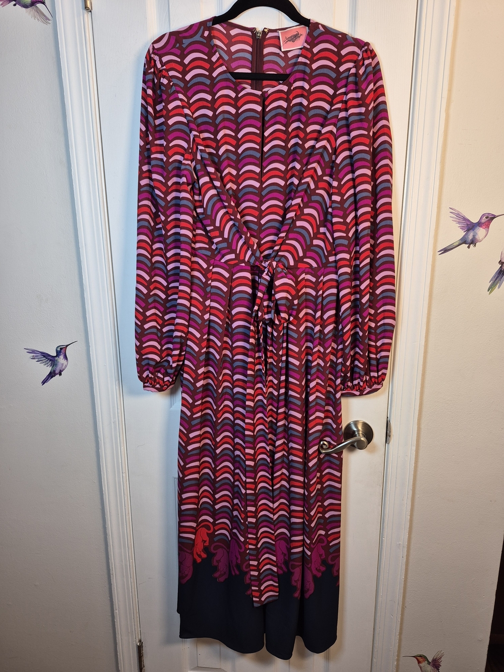 Kate Spade New York Geometric Panther Midi Dress Long Sleeve Tie Waist Size 12 - Picture 2 of 9
